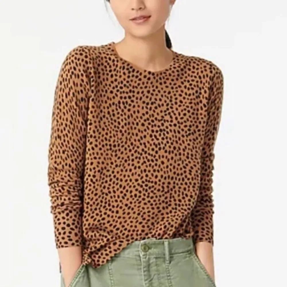 J. Crew LAYLA Camel Tan Black Dot Animal Print 100% Cashmere Crew Neck Sweater